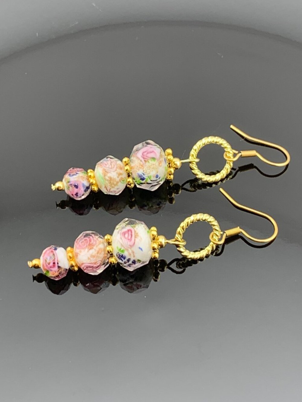 Rose Flower Facet Cut Glass Lampwork Bead Elegant Handcrafted Earrings LR217